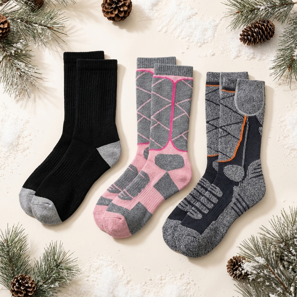 Three pairs of heated socks — black, grey with pink pattern, and grey-orange — on a winter backdrop with pine branches