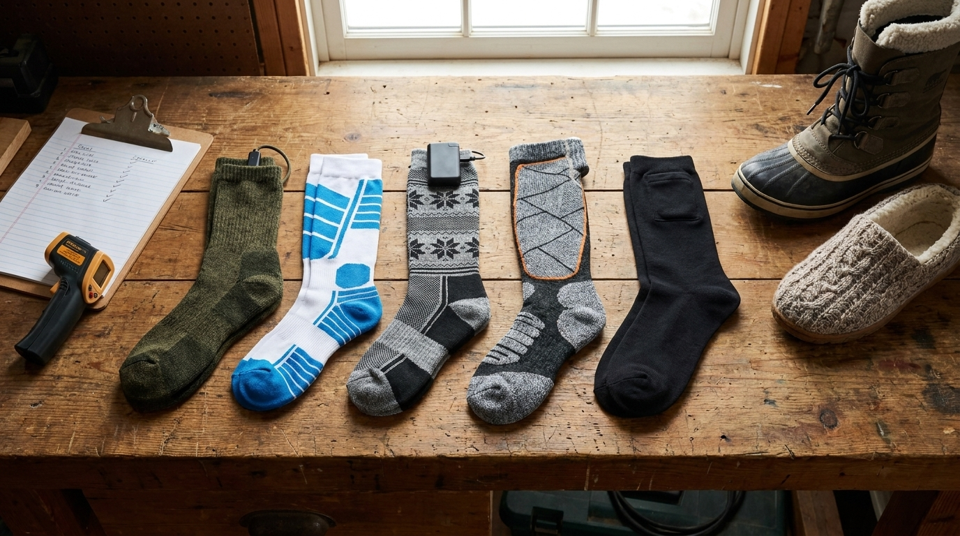 Five heated socks lined up on the test bench with a clipboard, infrared thermometer and boots during testing